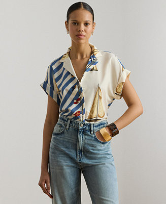 Lauren Ralph Lauren Women's Striped Sailboat-Print Collared Camp Shirt - Macy's | Macy's