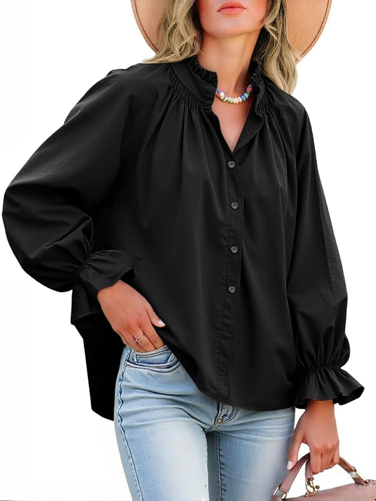 Tankaneo Womens Puff Long Sleeve Button Down Shirts Pleated V Neck Cotton Blouses Loose Fit Casua... | Amazon (US)