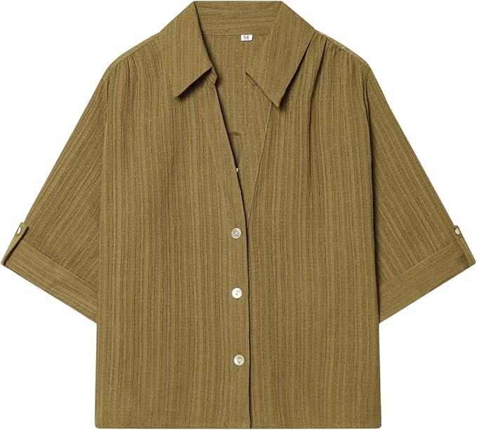 Chevara Women’s Button Down Linen Shirt Short Sleeve Lapel Collar Vacation Blouse Shirts | Amazon (US)
