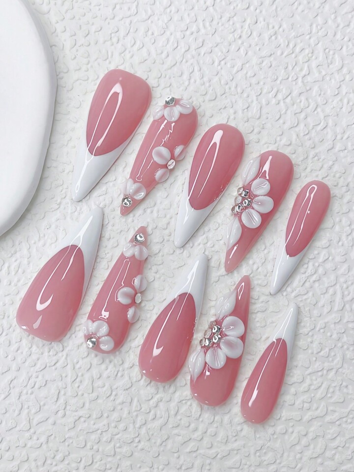 10pcs Almond-Shaped Nails Y2K White French Style & Full Of Sparkling Rhinestones, 3D Flower Design Decoration, Ideal For Party And Daily Wear, Includes Tool Kit(1pc Jelly Gel And 1pc Nail File), Great As Gift For Women And Girls. Press On Nails | SHEIN