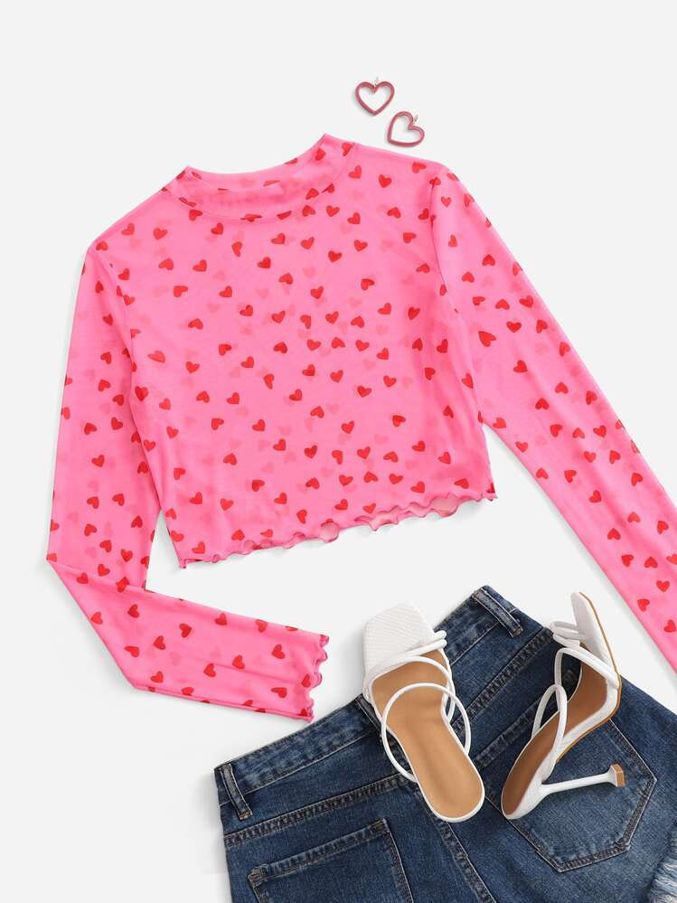 SHEIN EZwear Mock Neck Lettuce Trim Heart Print Mesh Pink Top | SHEIN