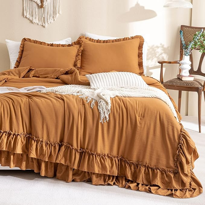 Masaca Pumpkin Color Ruffle Comforter Queen Size,Farmhouse Shabby Boho Chic Queen Bedding Comfort... | Amazon (US)