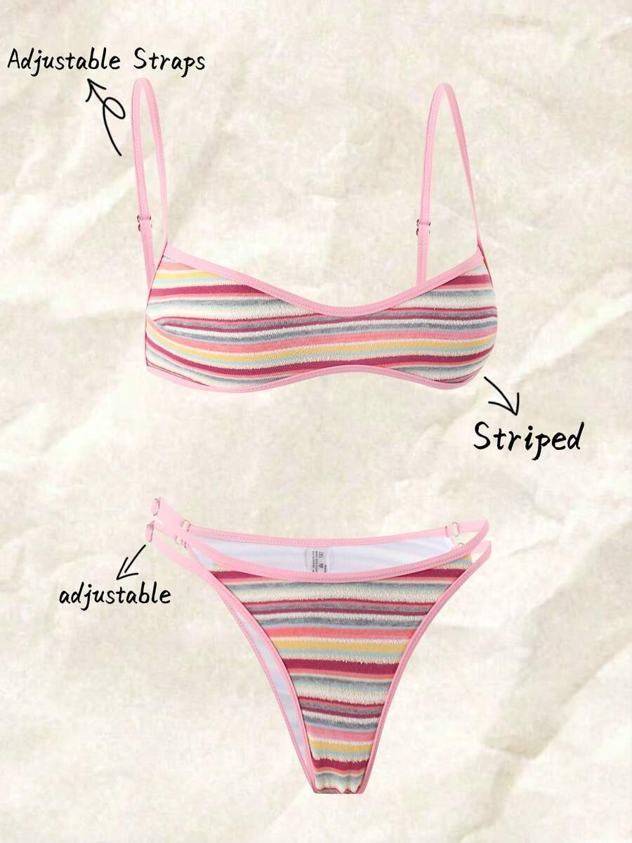 Swim Mod Women's Beach Outfit, Pink Textured Knit Striped Fabric, Sexy Micro Bikini Bandeau, Fash... | SHEIN