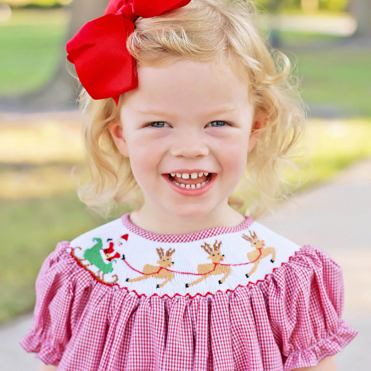 Santa's Magic Smocked Red Gingham Bishop Dress | Classic Whimsy