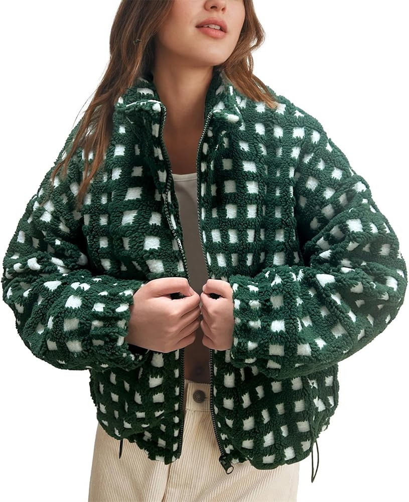 Womens Checkered Sherpa Jacket Cropped Long Sleeve Plaid Fleece Coats Casual Zip Up Gingham Outwe... | Amazon (US)