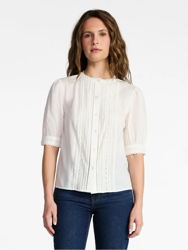 Time and Tru Women's and Women's Plus Cotton Lace Inset Blouse with Elbow Length Sleeves, Sizes X... | Walmart (US)