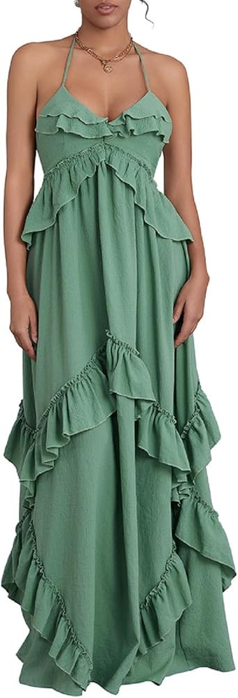 Women Boho Maxi Halter Dress V Neck Ruffle Flowy Long Dress Floral Backless Tiered Sundress Summe... | Amazon (US)