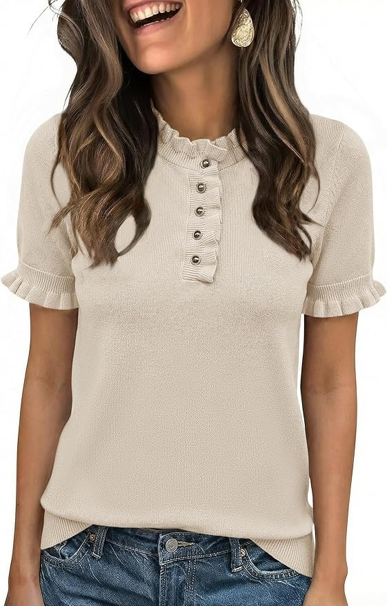 Cicy Bell Womens Puff Short Sleeve Sweater Tops Ruffle Henley Neck Spring Summer Pullover Dressy ... | Amazon (US)