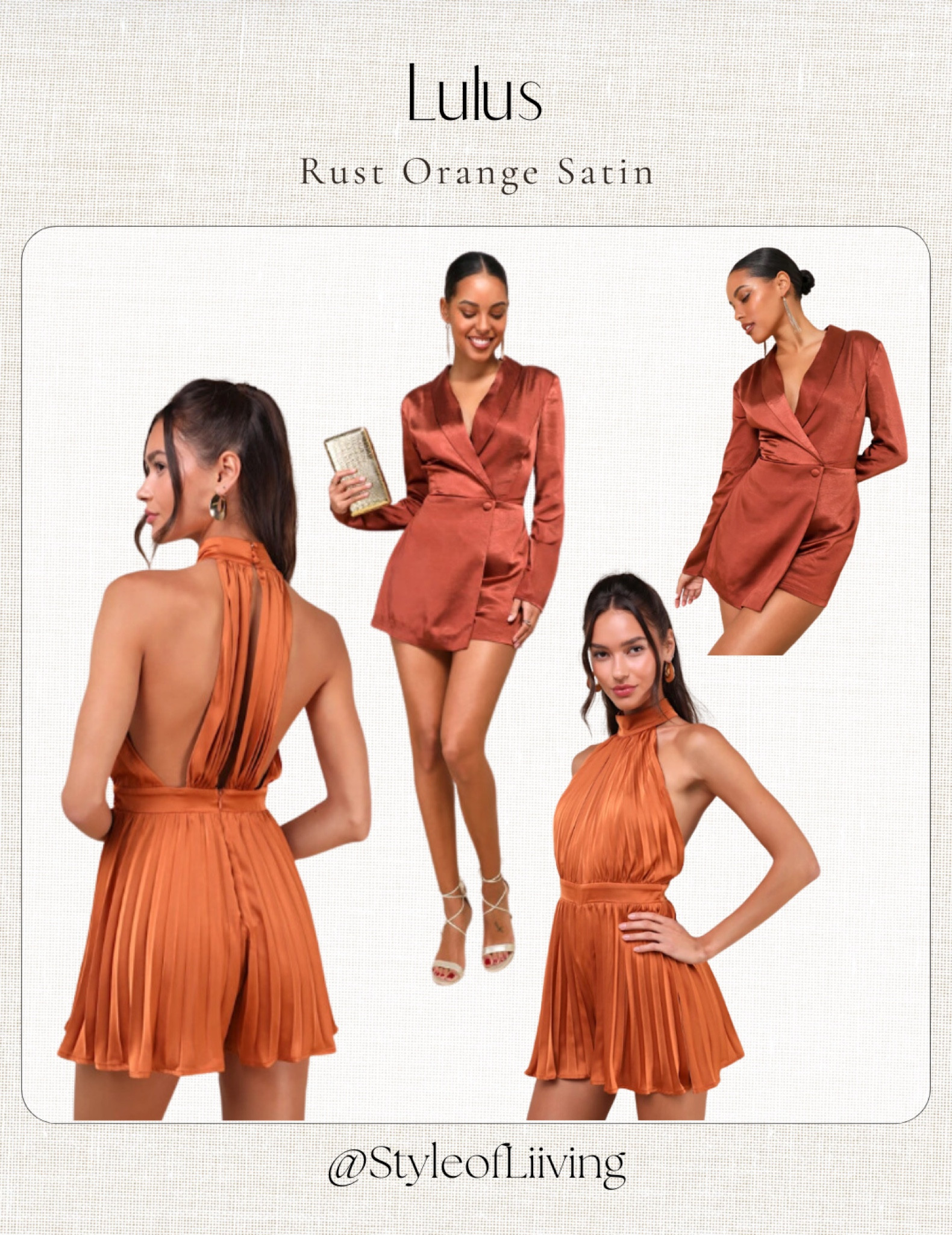 Rust orange satin outfits from Lulus! Rompers, mini dresses, jumpsuits. Fall colors.

#LTKStyleTip #LTKWedding #LTKSeasonal