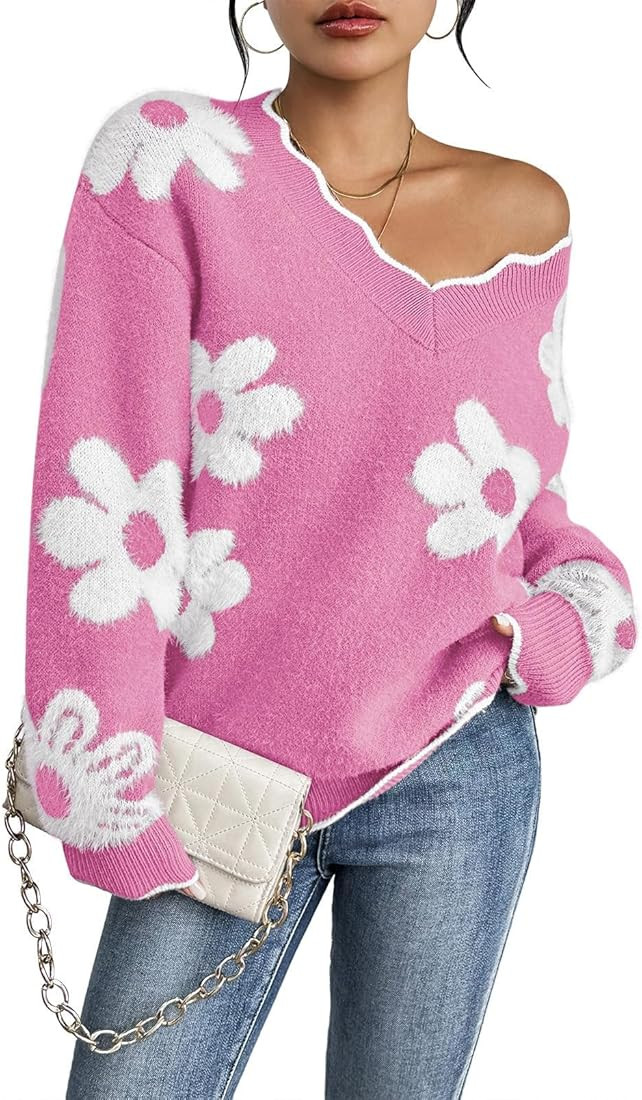 Pink Queen Women's Oversized V Neck Fuzzy Sweaters 2024 Casual Loose Long Sleeve Chunky Knit Pull... | Amazon (US)