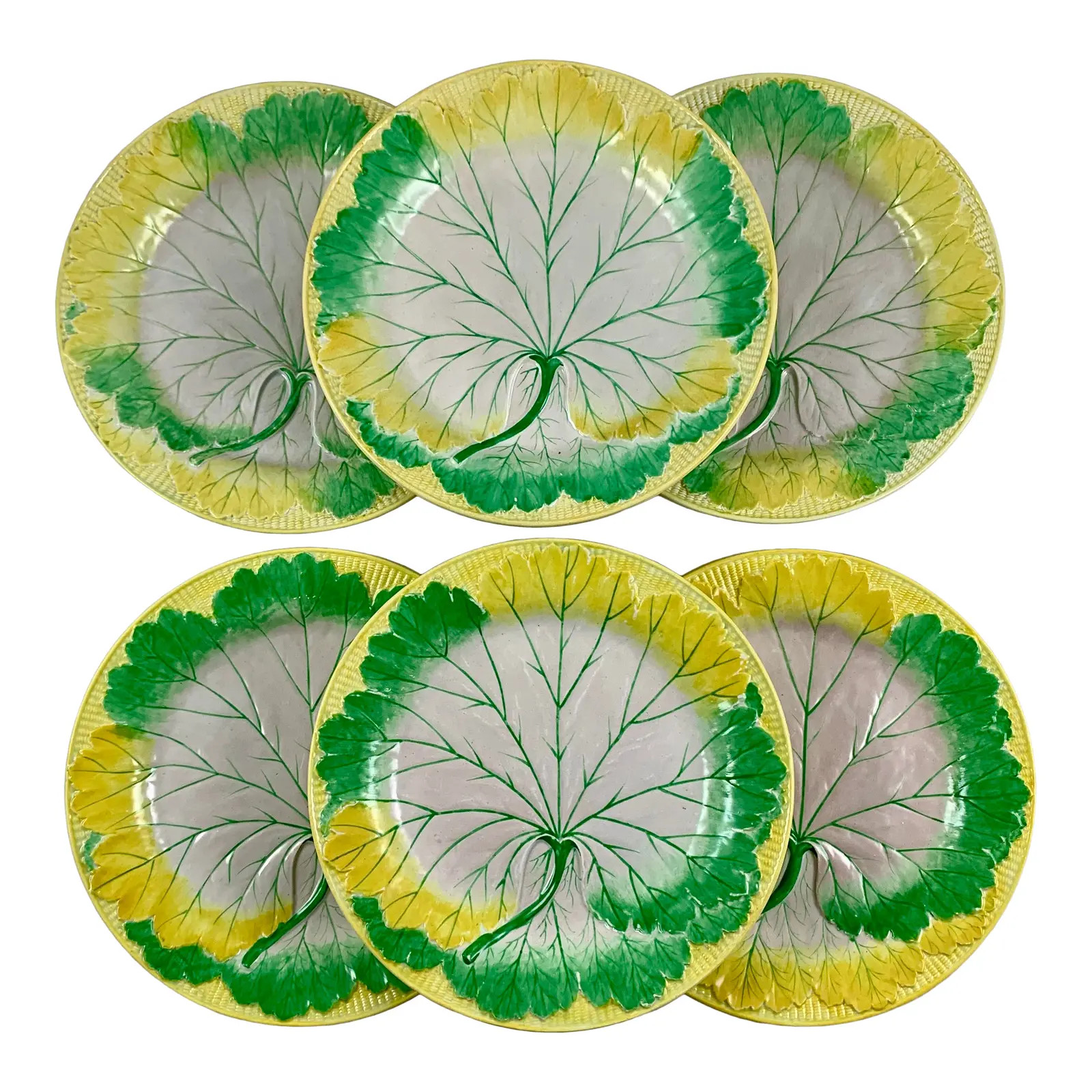 Josiah Wedgwood Pearlware Hand Enameled Cabbage Leaf Plates, Dated 1860, Set / 6 | Chairish