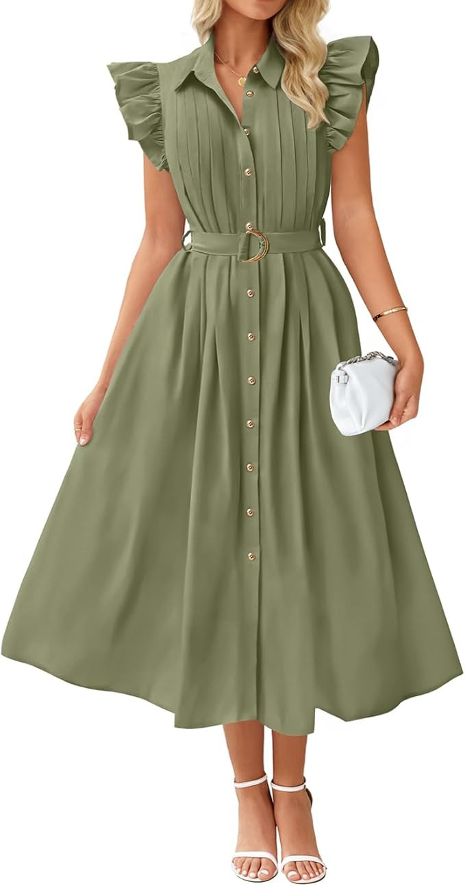 ZESICA Women's 2025 Summer Boho Button Midi Dresses Casual V Neck Flutter Sleeve Belted Long Dres... | Amazon (US)