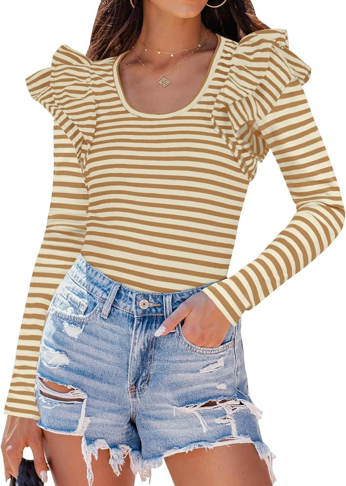 ZESICA Womens Ruffle Long Sleeve Scoop Neck Shirt Striped Slim Fitted Casual Basic Tee Tops Trend... | Amazon (US)