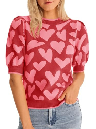 Saodimallsu Womens Puff Short Sleeve Heart Sweater Valentines Crew Neck Graphic Knit Pullover Crop Tops Light Pink | Amazon (US)