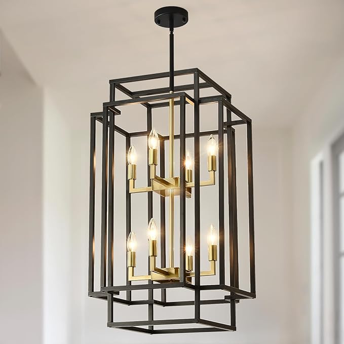 FOVICY 8-Lights 32''H Lantern Tiered Pendant Light Fixtures, Black&Gold Foyer Chandelier for High... | Amazon (US)
