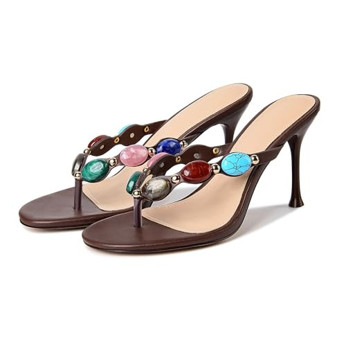 DREAMSTORY Women's Jeweled Thong Strappy Heels Sandals Comfortable Round toe High Heel Dressy Sum... | Amazon (US)