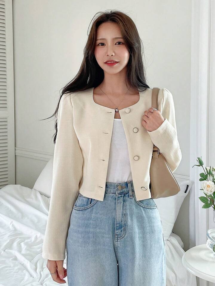 DAZY Solid Button Front Crop Blouse | SHEIN