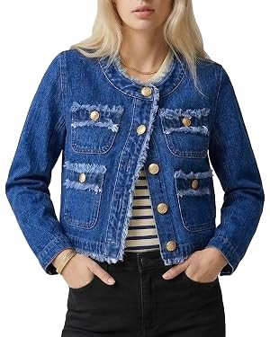 Women's Trendy Jean Jacket Button Down Long Sleeve Cropped Frayed Distressed Denim Jacket Coat | Amazon (US)