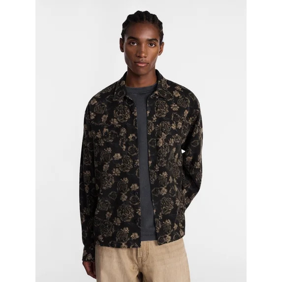 No Boundaries Cotton Boxy Cropped Fit Printed Flannel Shirt with Long Sleeves, Men's XS-5XB | Walmart (US)
