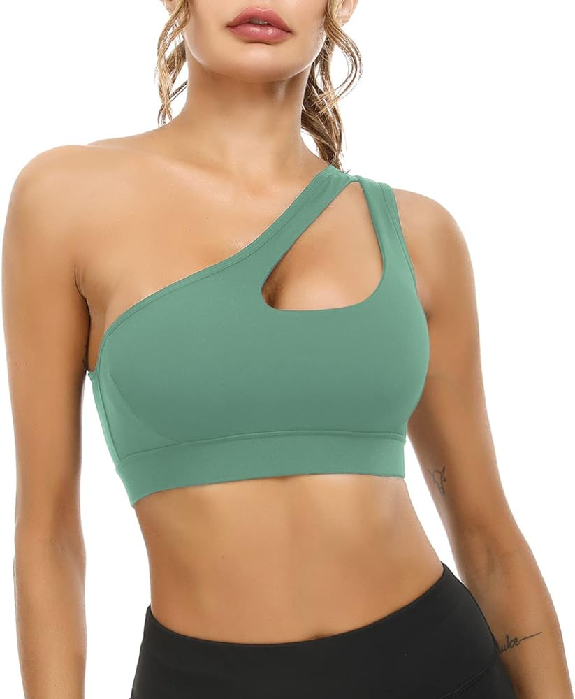 Sykooria Womens One Shoulder Sports Bras Workout Left Strap Yoga Bras Cute Medium Support Crop To... | Amazon (US)