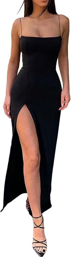 DOUCIU Women's Spaghetti Strap Dress Solid Hem High Split Bodycon Dresses | Amazon (US)