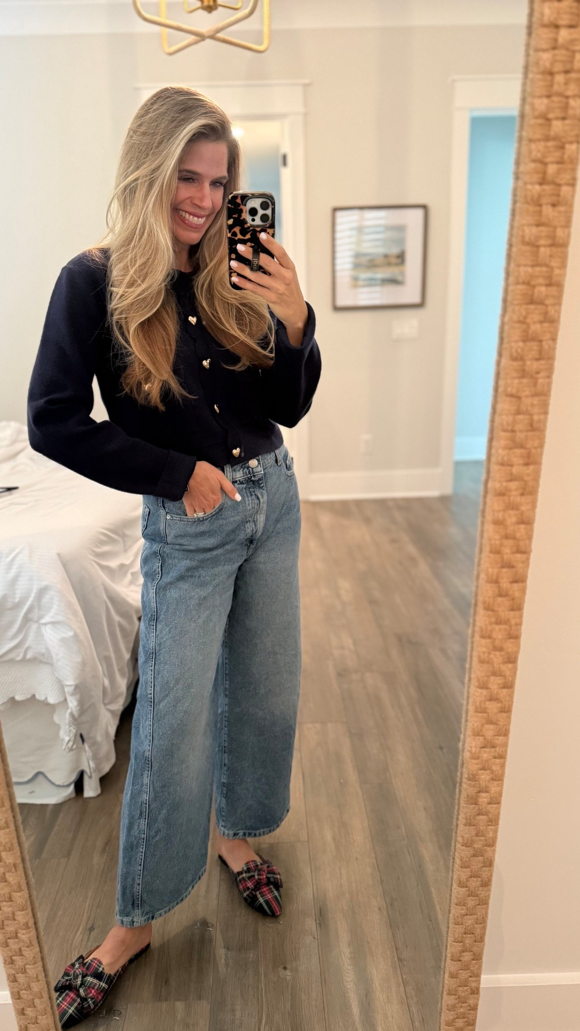 Cropped sweater with gold heart buttons, jeans, plaid mules 

#LTKHoliday #LTKSeasonal #LTKootd