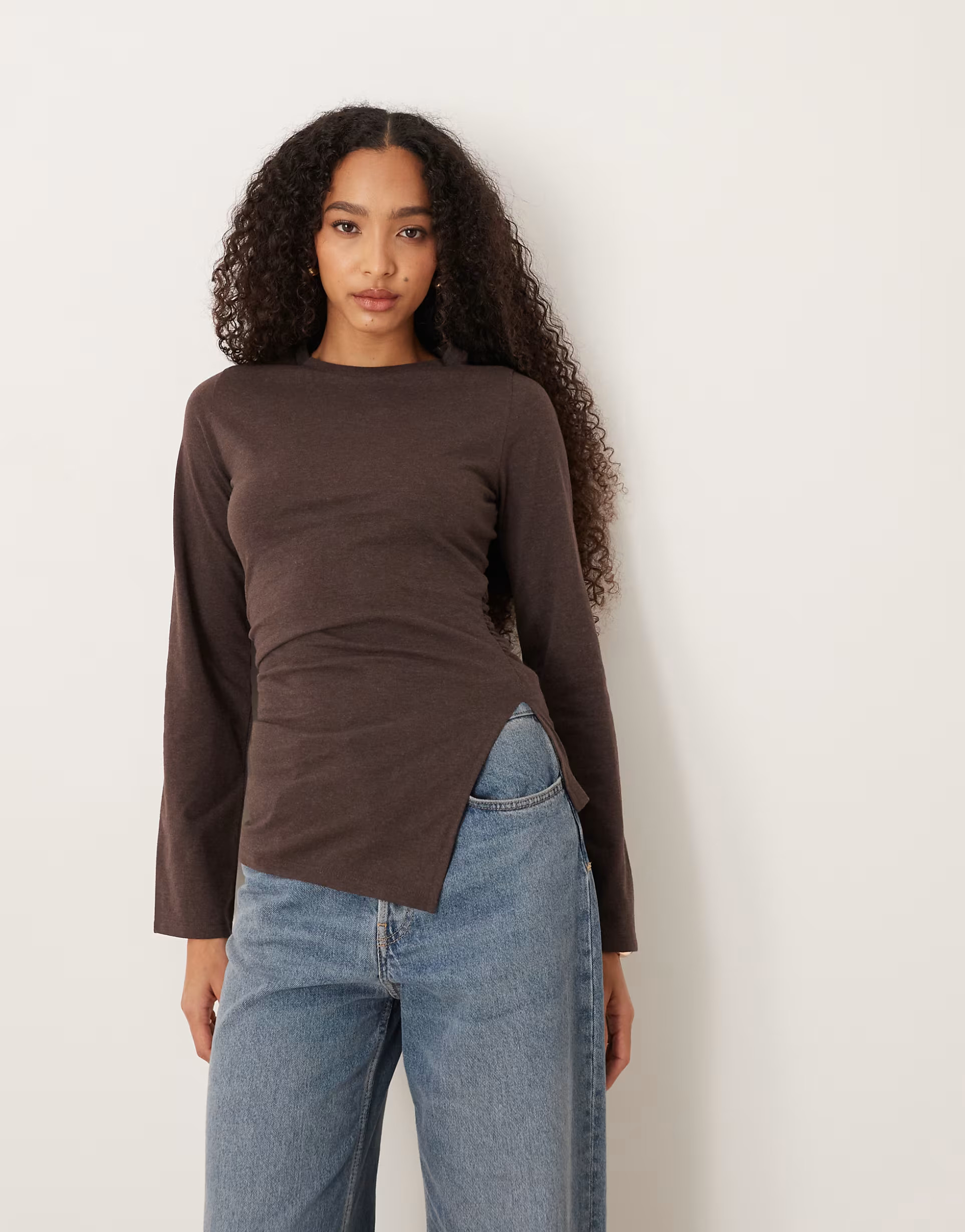 ASOS DESIGN cinched side asymmetric long sleeve top in dark chocolate | ASOS (Global)