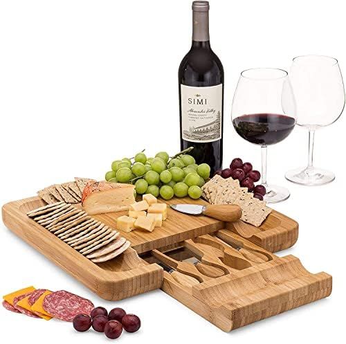 Bamboo Cheese Board Charcuterie Board Set With Cutlery - Slide-Out Drawer Includes 4 Stainless St... | Amazon (US)