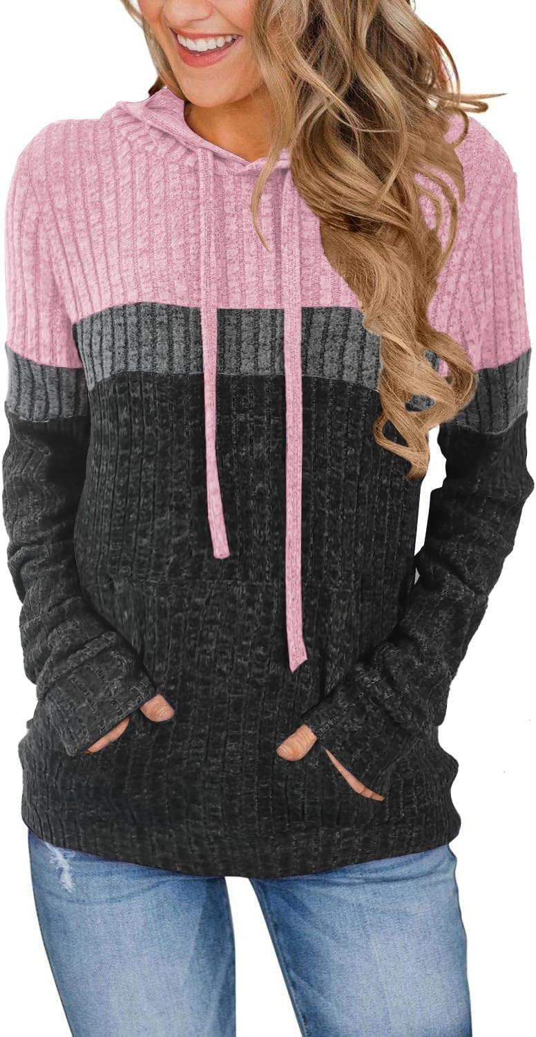 MixShe Women’s Color Block Knit Hoodie – Casual Long Sleeve Pullover Sweater Tops with Pocket | Amazon (US)