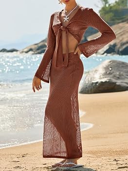 Saodimallsu Womens Crochet Swim Cover Up 2 Piece V Neck Long Sleeve Wrap Tie Crop Tops Beach Boho... | Amazon (US)