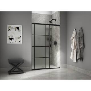 Elate 47.625 in. W x 70.5 in. H Sliding Frameless Shower Door in Matte Black with Frosted Glass | The Home Depot