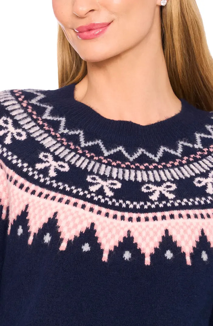 CeCe Bow Fair Isle Ribbon Detail Crewneck Sweater | Nordstrom | Nordstrom