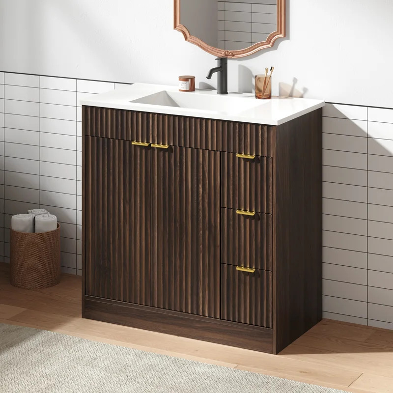 Adonia Freestanding 36" Single Bathroom Vanity With SMC Top, Fluted Wood Bathroom Cabinet With Do... | Wayfair North America
