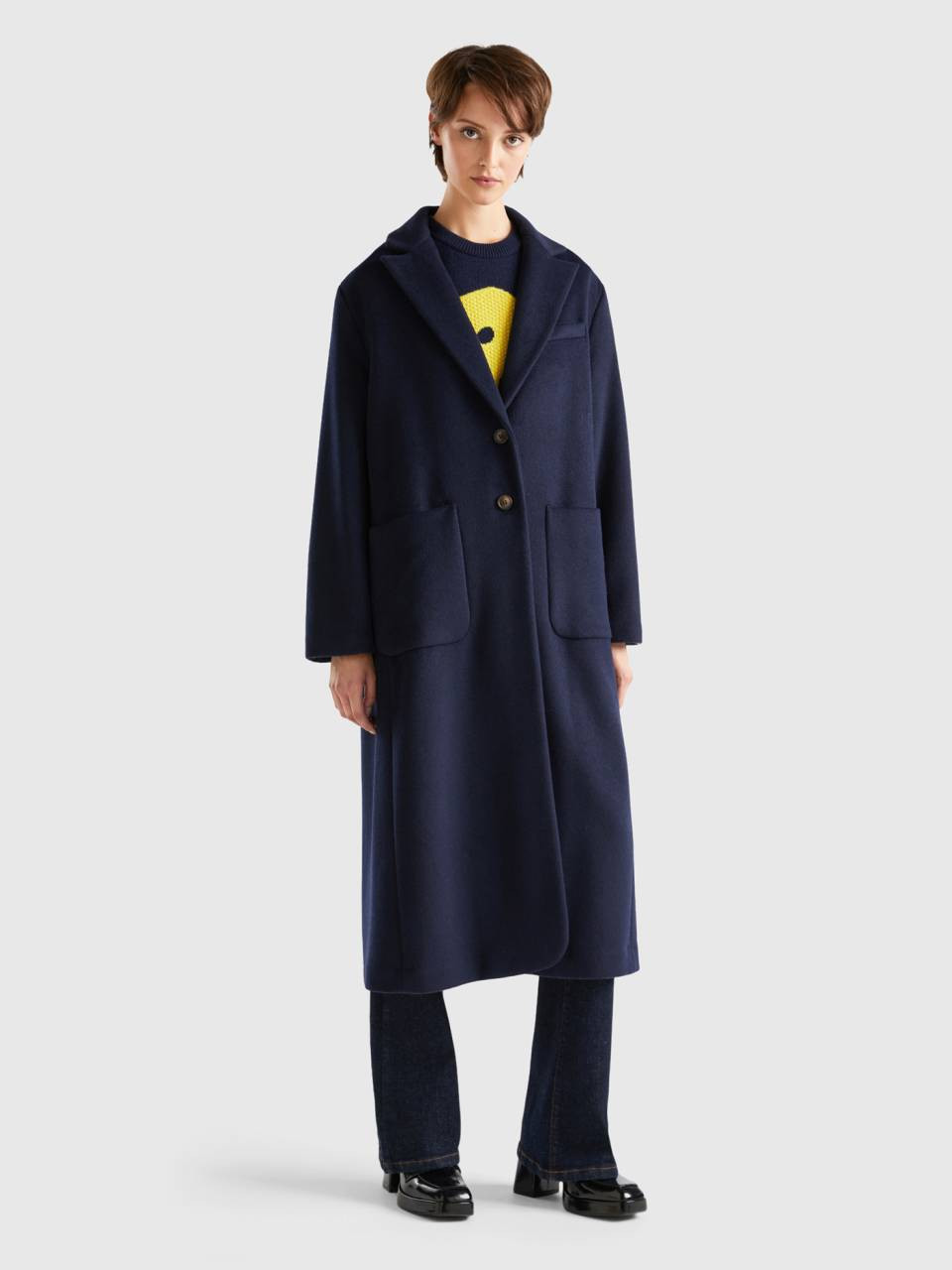 Midi coat in Shetland wool blend - Dark Blue | Benetton | Benetton (EU)