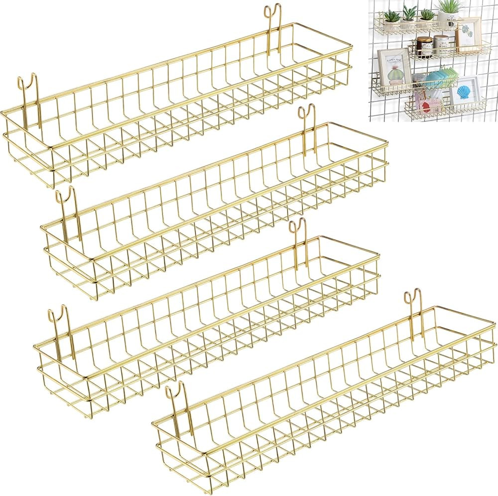 Blulu 4 Pcs Gold Metal Grid Wall Baskets with Hooks Grid Wall Shelves 15.75 x 3.94 x 1.97 Inches ... | Amazon (US)