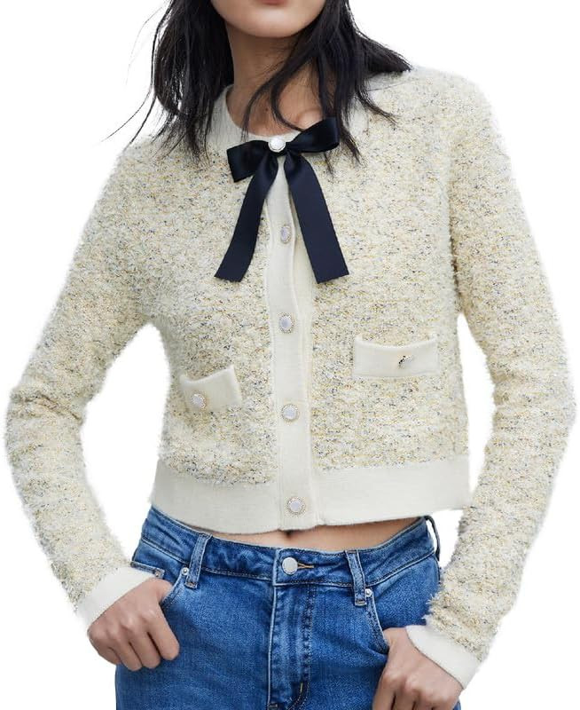 URBAN REVIVO Women's 2023 Fashion Pearl Button Down Cropped Short Cardigan Open Front Long Sleeve... | Amazon (US)