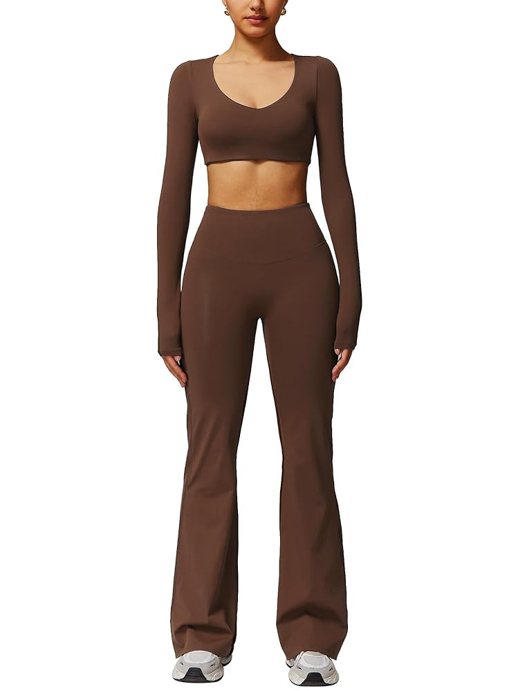 ABOCIW Workout Sets for Women 2 Piece Square Neck Long Sleeve Crop Tops High Waist Flared Legging... | Amazon (US)