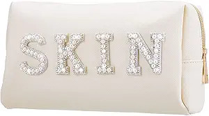 Preppy Patch Cosmetic Toiletry Bag Leather Cosmetic Bag Pearl Rhinestone Varsity White Pu Leather... | Amazon (US)