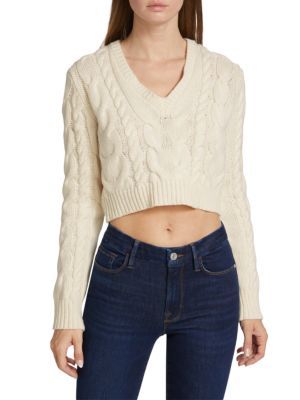 Frame Cropped Cable Knit V Neck Sweater on SALE | Saks OFF 5TH | Saks Fifth Avenue OFF 5TH