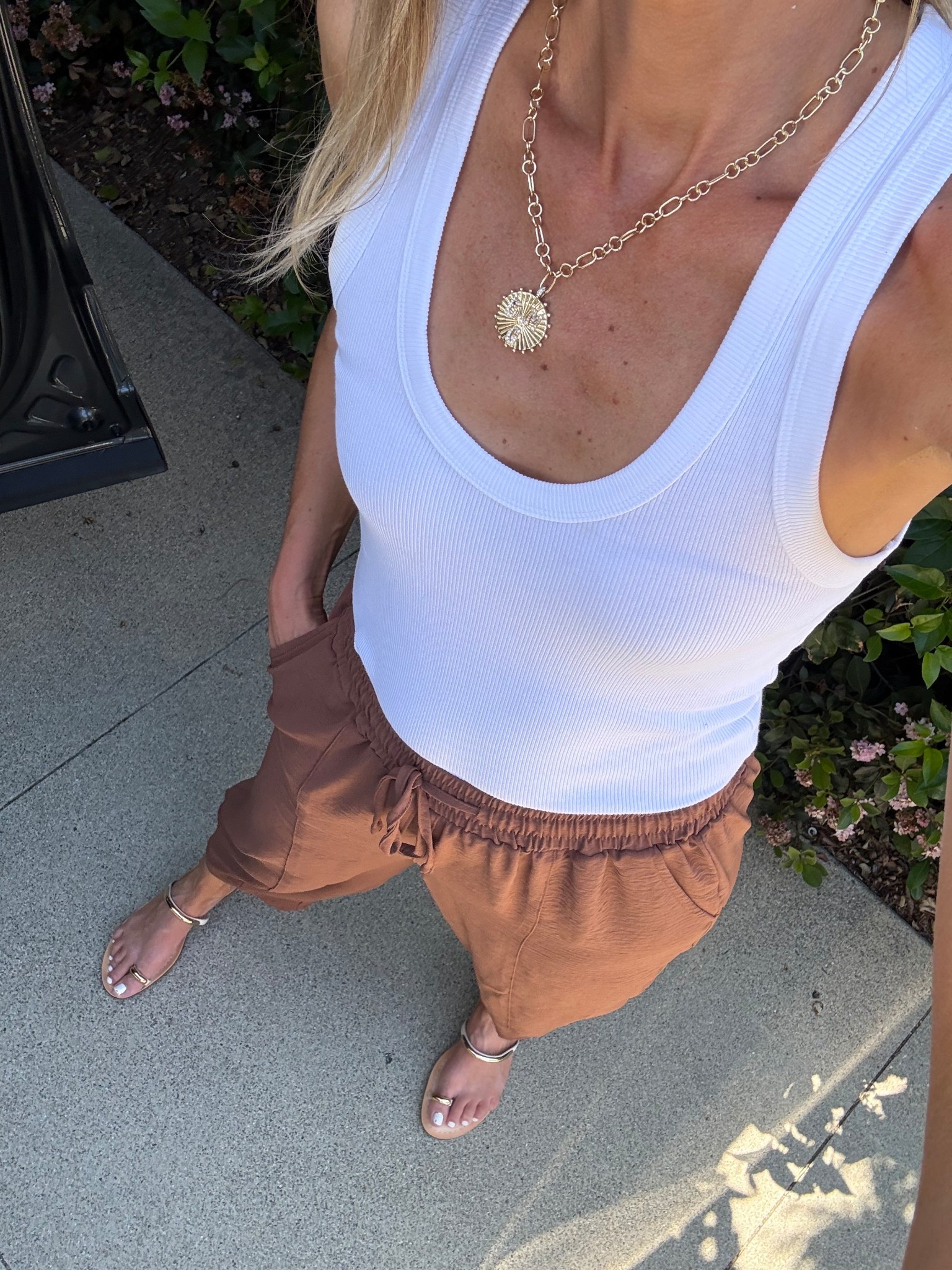 What I wore today ☀️🌼 These pants are so comfy and under $20. I have them in green too! Fit true to size. My necklace is on sale right now, one of my fave custom pieces. I put all of my kids initials ❤️ 

Amazon, Aritzia, Baublebar, custom necklace, initial necklace, white tank, spring outfit, summer outfit, Dolce Vita, gold sandals, casual outfits

#LTKootd #LTKSaleAlert #LTKmomlife