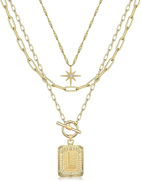 MJartoria Layered Initial Necklaces for Women Trendy, 14K Gold Plated Simple Star Choker Square L... | Amazon (US)