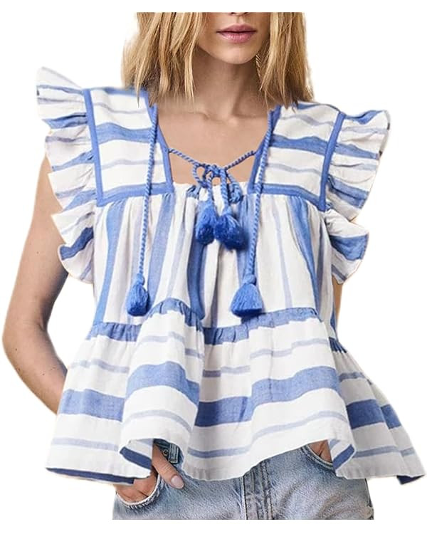 Women Boho Tie Front Peplum Top Floral Print Flowy Fringe Shirt Square Neck Ruffle Tank Top Going... | Amazon (US)