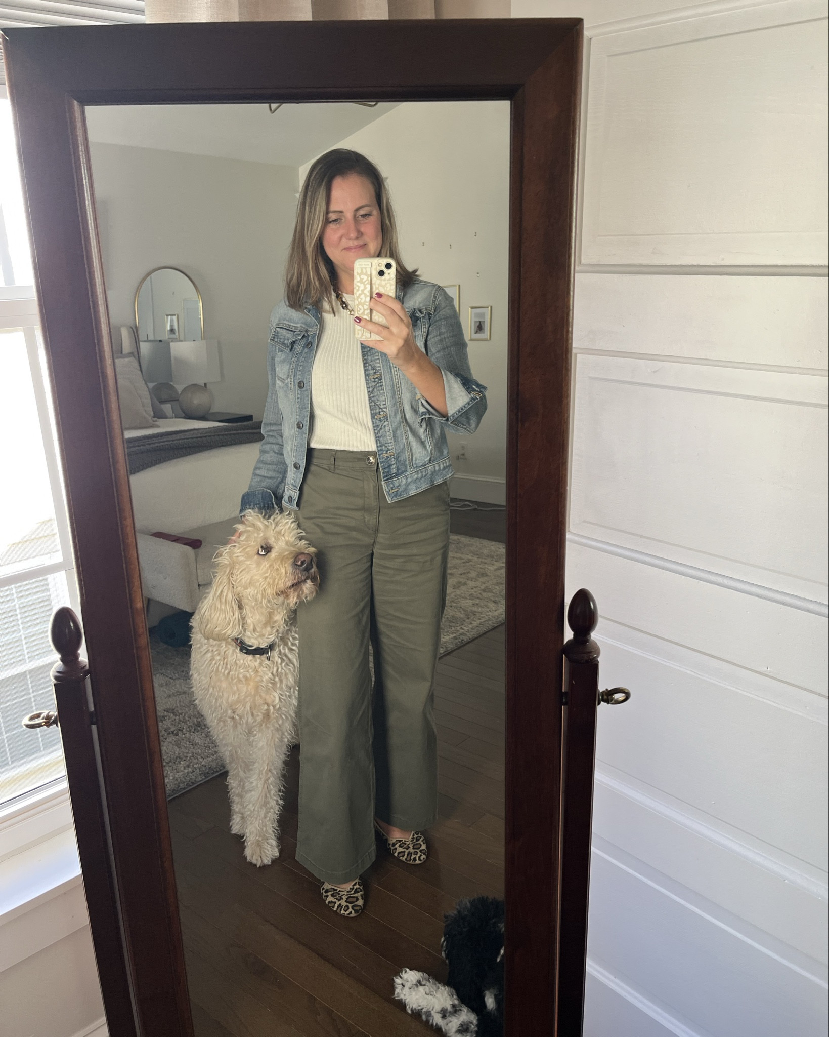 The perfect fall outfit 🍂. I’m loving these wide legged pants and jean jackets are perfect for cool mornings. 

#greenpants #widelegpants #leopardflats

#LTKFindsUnder50 #LTKSaleAlert