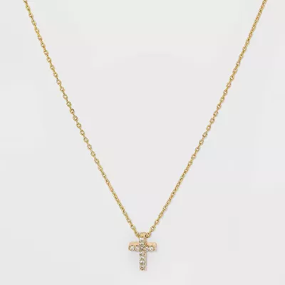 Silver Plated Gold Dipped Micro Pave Cubic Zirconia Cross Pendant Necklace  - Gold : Target