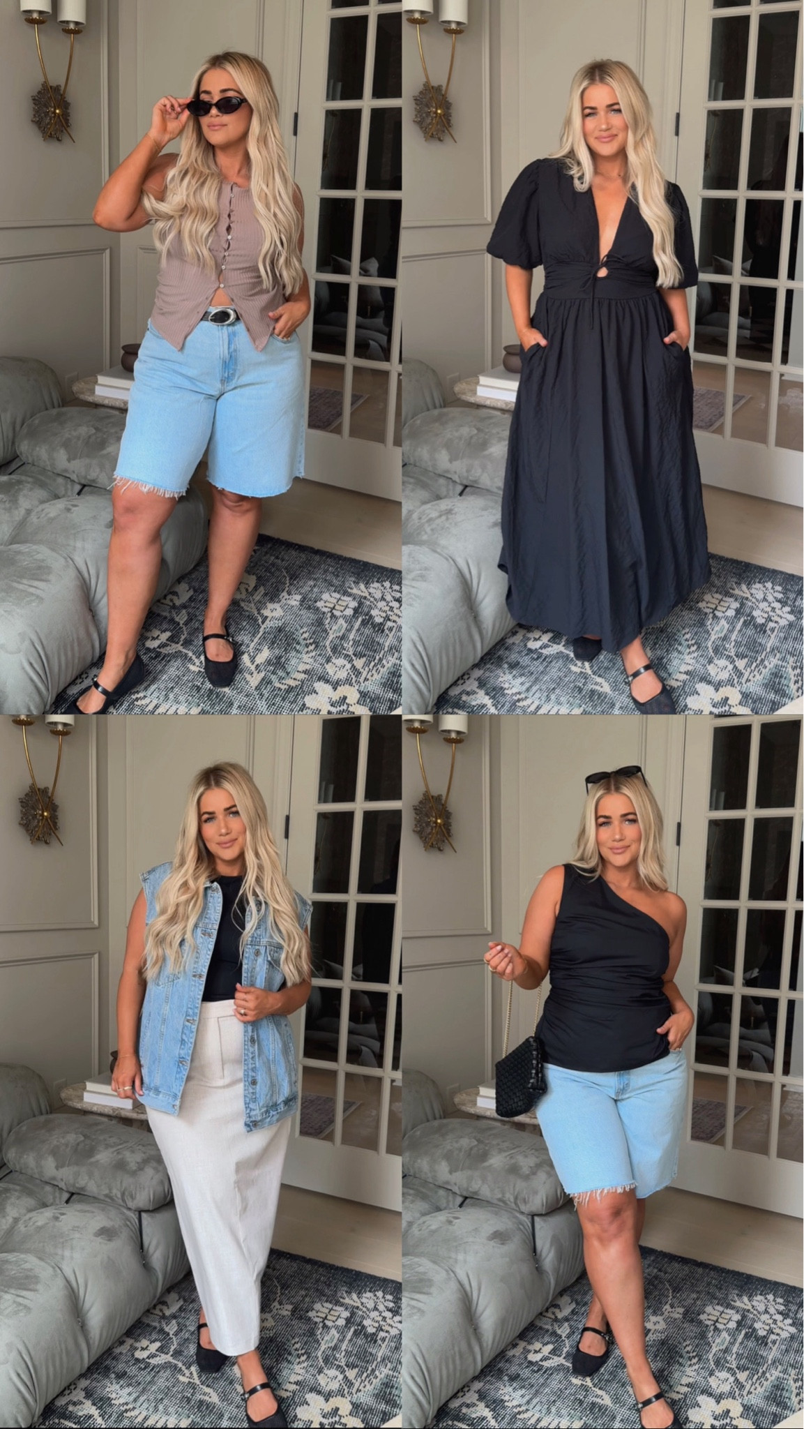  #AbercrombiePartner Recent @abercrombie order!!! 🖤 The perfect mix of neutrals you can wear now + into fall — wear for fun or style for the office. 

Striped Dress  // medium (such nice material, snatches ya!!) 
Vest // large 
Pants // large
Brown top // medium 
Black top // medium 
Jean shorts // 32 (sized up 1 for a looser fit) 
White dress // medium 
Black dress // large 
Midi skirt // large (prefer an XL for looser fit) 
Black tee // large 
Black tie tank // medium 
