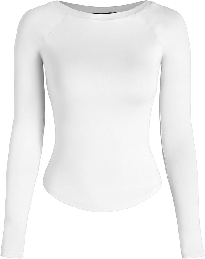 CIDER Women’s Long Sleeve Shirt Basic Fitted Round Neck Curve Hem Tops Tee | Amazon (US)