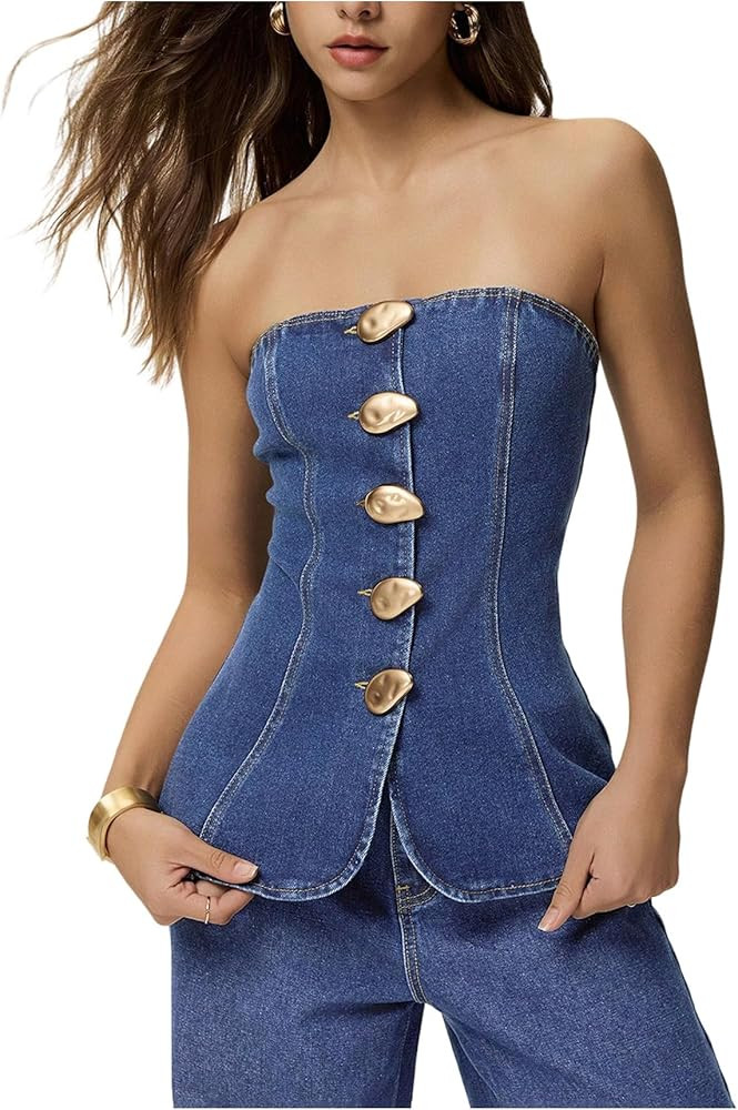 Milumia Women's Metal Button Front Denim Tube Top Elegant Sleeveless Bandeau Tops | Amazon (US)