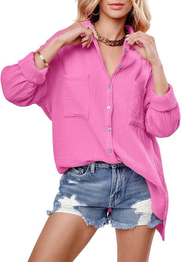 Paintcolors Women's Button Up Shirts Roll-Up Sleeve Cotton Blouses V Neck Casual Tunics Solid Col... | Amazon (US)