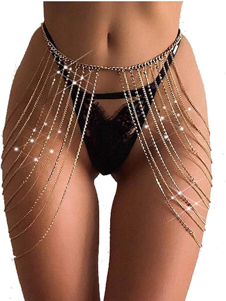 Jeweky Tassel Crystal Waist Chain Belly Gold Rhinestone Body Chains Sexy Beach Nightclub Rave Body A | Amazon (US)