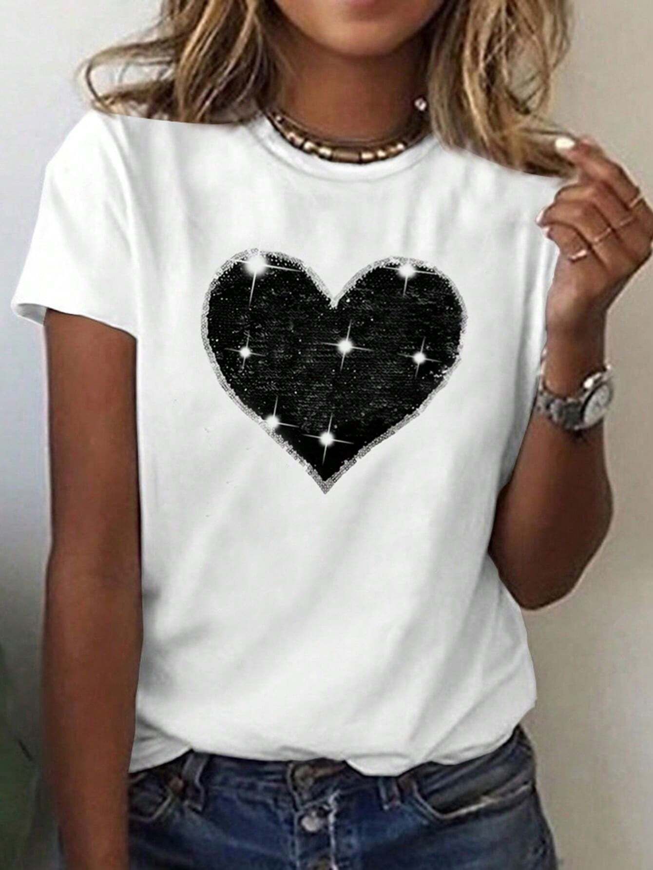 SHEIN LUNE Heart Sequin Patched Tee | SHEIN